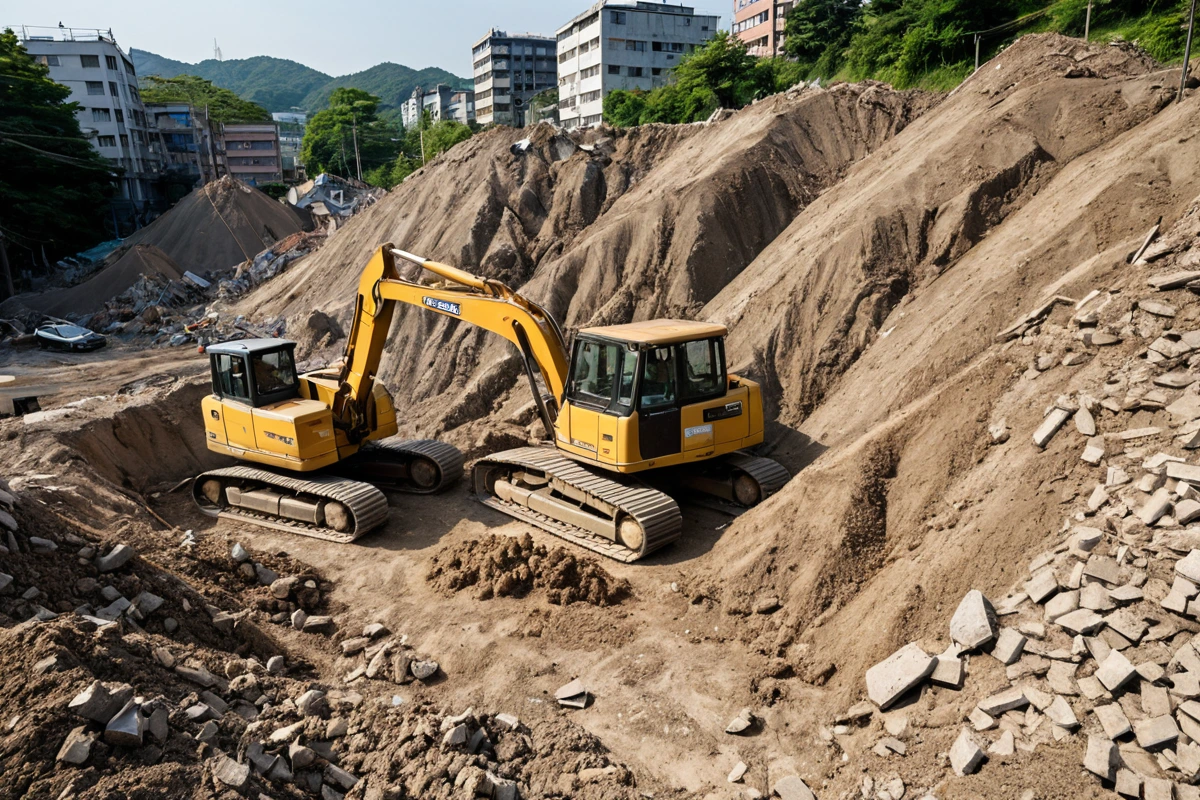 구암동 지역에서 철거 후 원상 복구 작업이 진행 중인 모습. 흙을 덮는 작업을 하는 중인 장소로, 철거된 흔적과 함께 정리된 흙과 토양이 드러나는 자연스러운 장면.