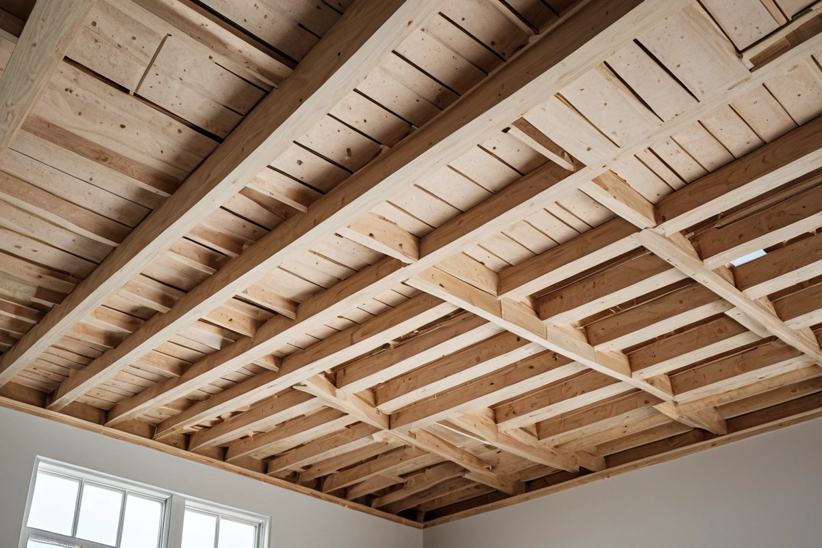 군위군 주택의 천장 구조를 확인하는 현장 사진. 천장이 복합재로 구성되어 있고, 철거 작업을 위해 천장 재질과 구조를 정확히 파악하는 모습. 천장의 구조적 특징이 드러나는 자연스러