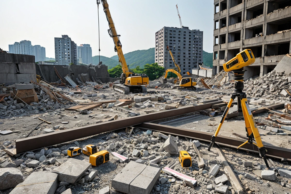 남산동 매장 철거 현장에서 측정 도구로 구조물의 크기와 재질을 확인하는 모습이 보입니다. 철거 현장의 구조물과 폐기물 양이 정확히 측정된 상태로, 주변 환경이 포함된 사실적인 장면