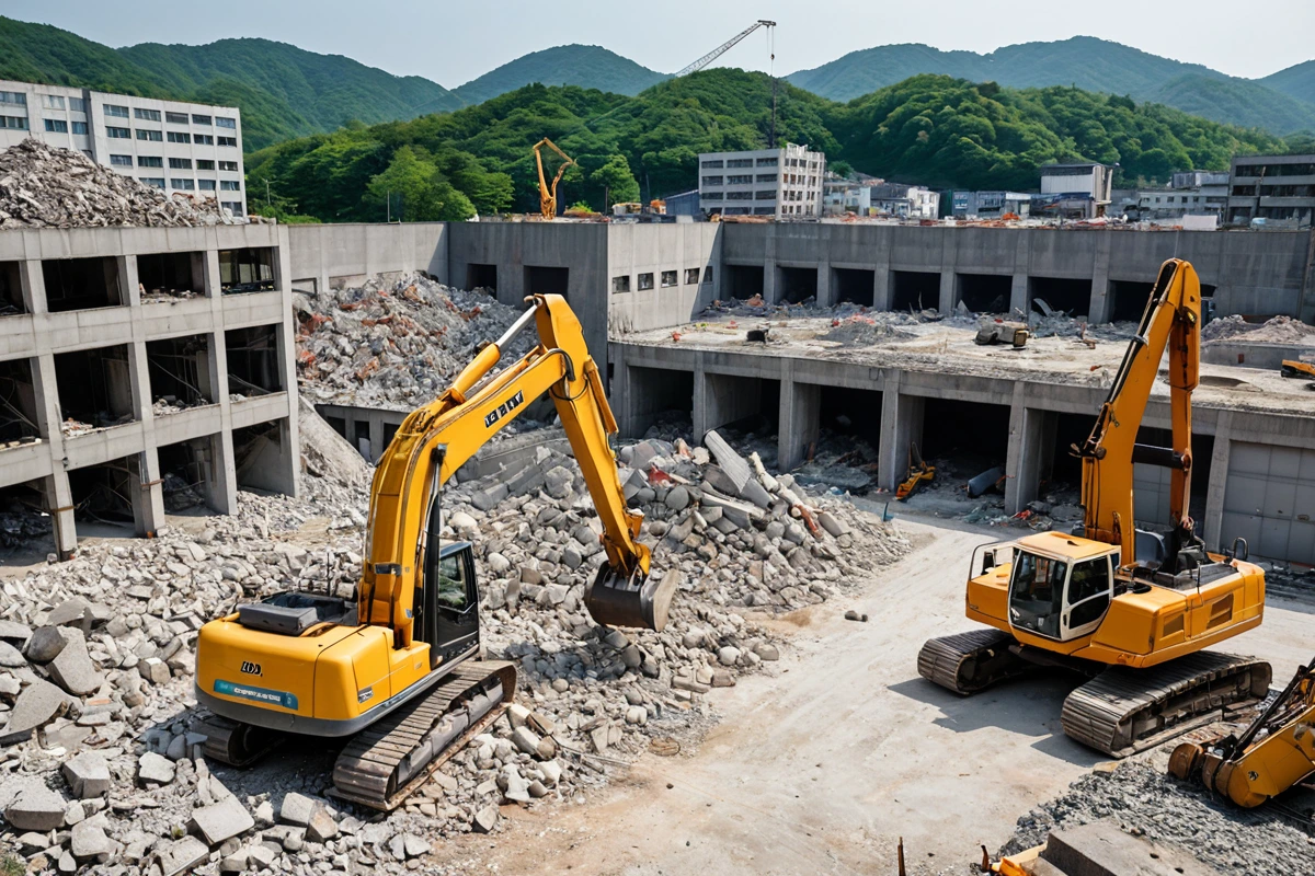 남산동 지역에서 진행 중인 공장 철거 작업 현장의 구조적 안정성을 확인하는 철거 장비와 정리된 작업 공간. 철거된 구조물의 잔해가 안전하게 정리되어 있다.