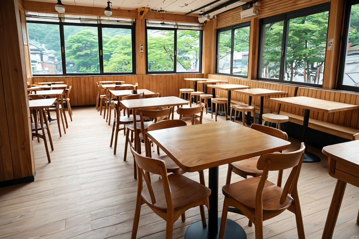 남산동 카페 철거 현장에서 재사용 가능한 가구와 인테리어 재료가 정리된 장면. 카페의 나무 테이블과 의자가 청소된 상태로 배치되어 있으며, 벽면의 목재 장식물이 분리되어 옆에 놓여
