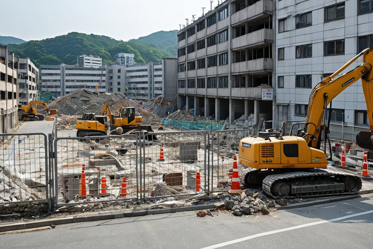 남산동 학원 철거 현장에서 안전 경계선과 보호 울타리가 설치된 모습. 주변 건물과 도로를 고려한 철저한 안전 계획이 반영된 철거 현장의 전경.