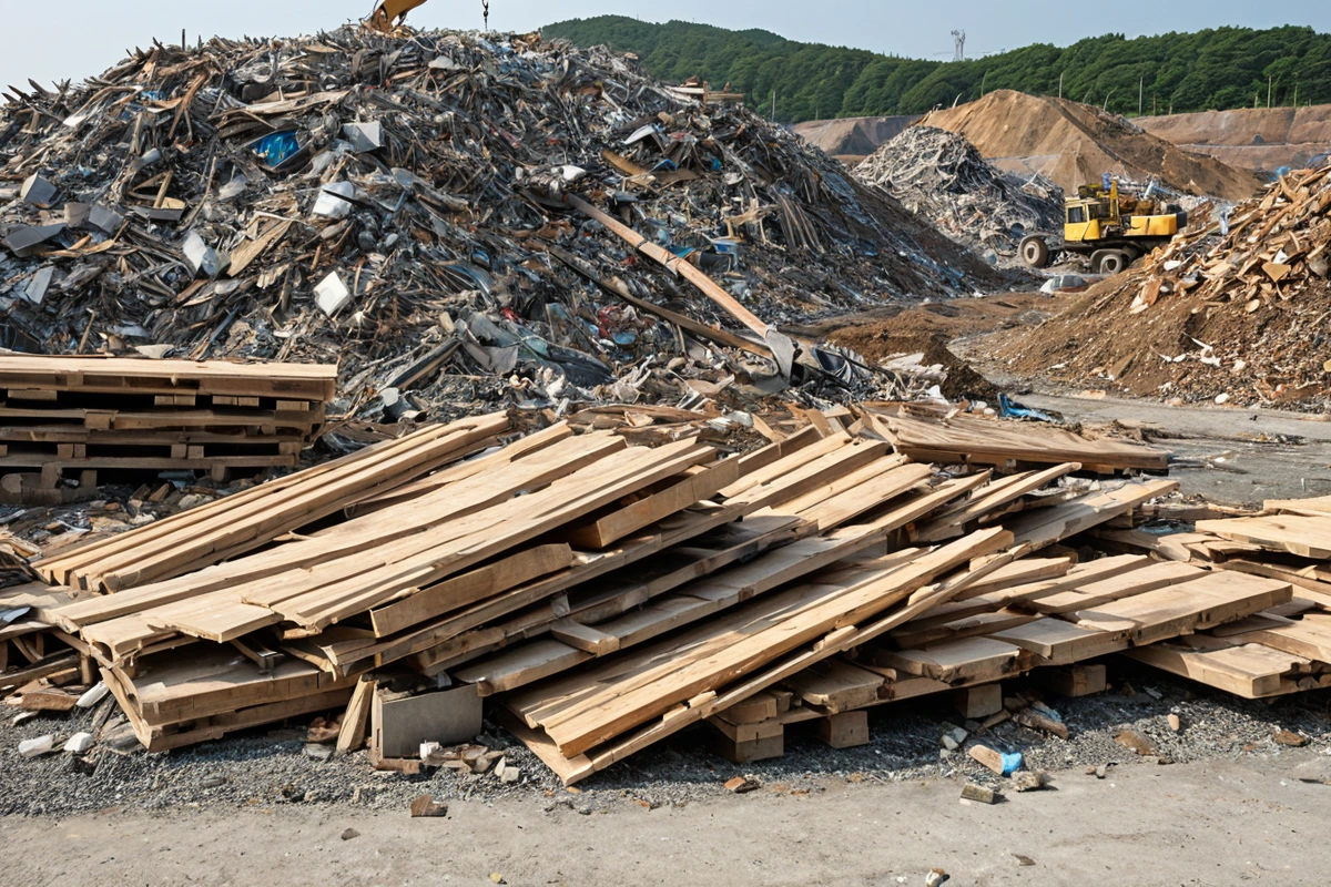대구광역시 건축 폐기물 처리장에서 재활용 가능한 자재가 분리된 쌓인 목재와 금속 부품이 정리된 모습, 건물 철거 현장의 평탄한 지면 위에 깔끔하게 정리된 폐기물이 배경으로 보임