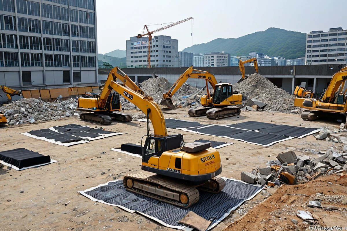 대구광역시 구지면 지역의 사무실 철거 현장에서, 철거 작업 전에 건물 주변에 설치된 사전 통보 안내 표지판과 철거 업체의 작업 장비가 정리되어 있는 모습. 철거 과정에서 소음 민원