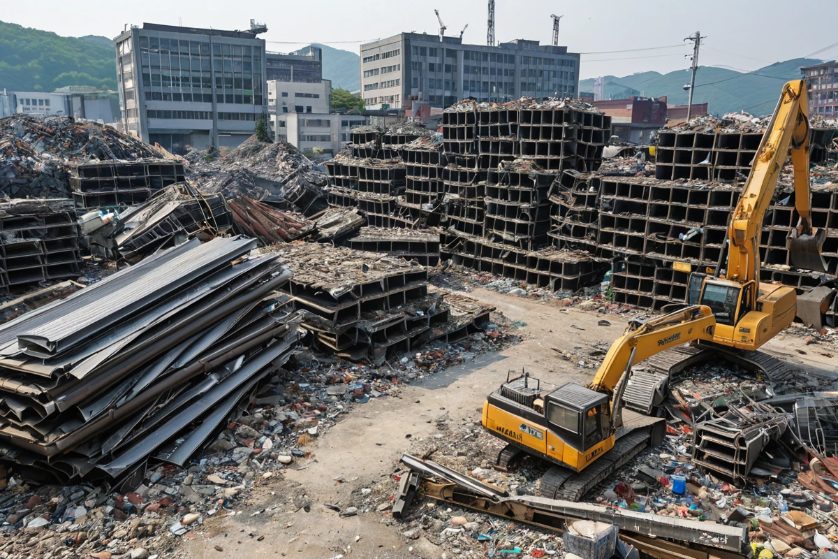 대구광역시 남산동 공장 철거 현장에서 철재와 금속류가 분리된 채로 쌓여 있는 모습. 재활용 가능한 자재를 확인하기 위한 철거 현장의 구조적 배치를 자연스럽게 보여주는 사진.