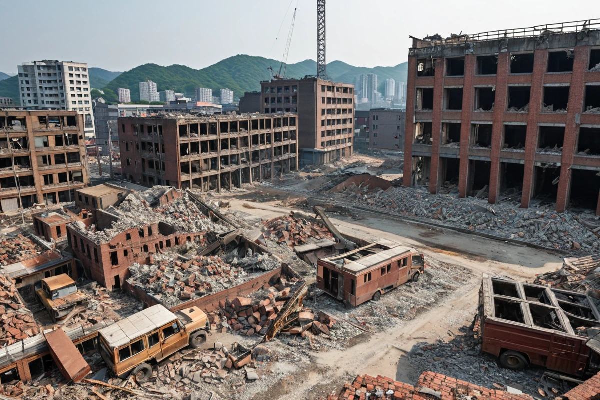 대구광역시 남산동과 국우동 인근의 철거 현장에서 유사한 구조물이 보이는 풍경. 남산동과 국우동의 지역적 특성과 유사한 건물 구조가 보이는 철거 현장.