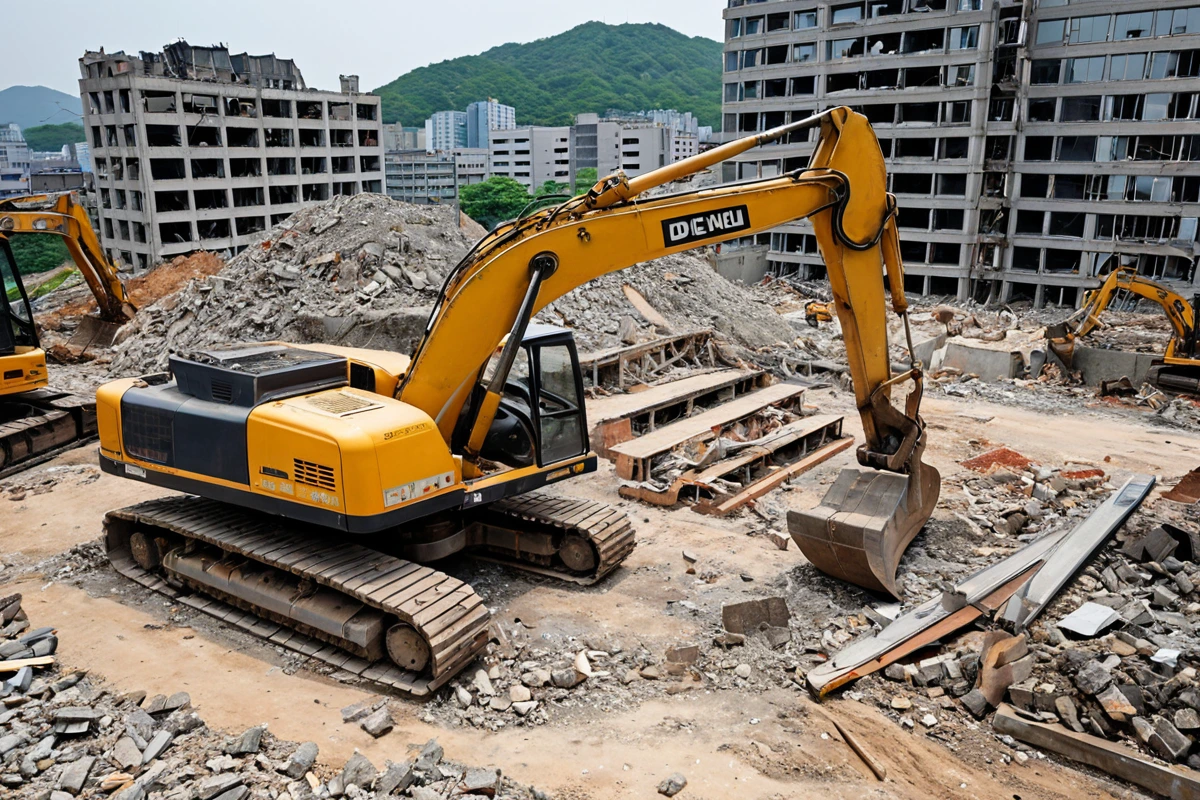 대구광역시 남산동 상가 철거 과정에서 법적 규제 준수를 확인하는 문서가 놓여진 철거 현장, 철거 장비와 함께 법적 문서가 정리된 모습