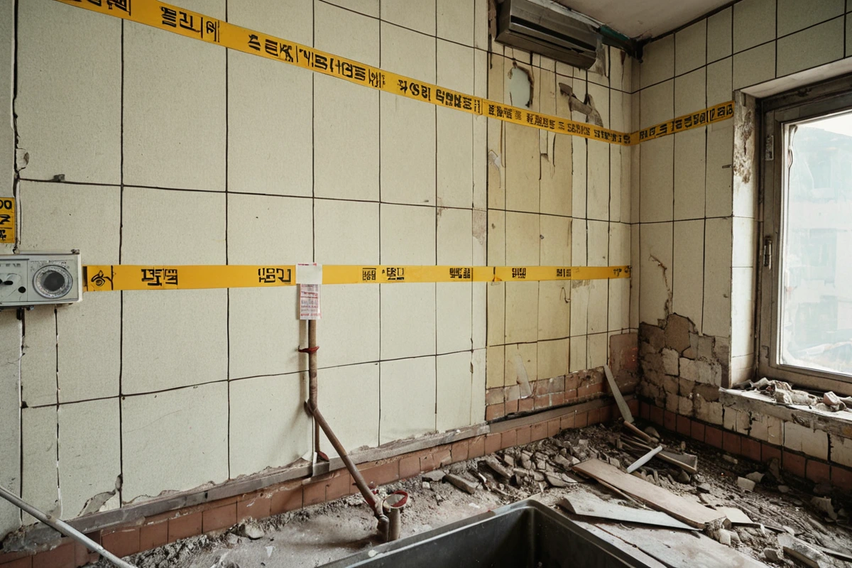대구광역시 남산동의 1980년대 주택 주방 벽체에서 부분 철거를 위한 정확한 범위 측정 장면, 벽면에 설치된 오래된 배관과 구조물이 보이며, 철거 범위를 표시한 라벨이 테이프로 붙