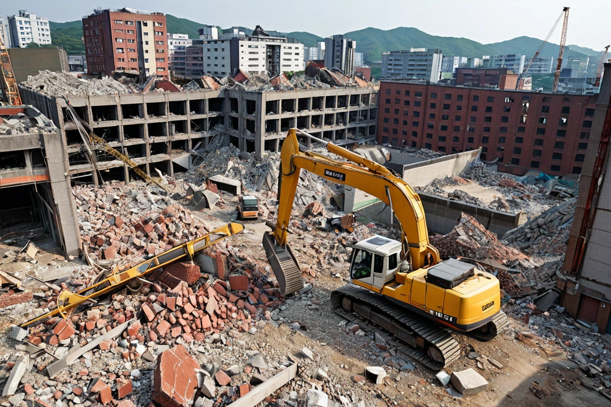 대구광역시 남산동의 건물 철거 현장에서, 건물의 구조와 재질을 정확히 파악하기 위해 철거 업체가 현장 조사를 진행하는 장면. 건물의 벽면과 구조물이 드러나며, 철거 장비가 준비되어