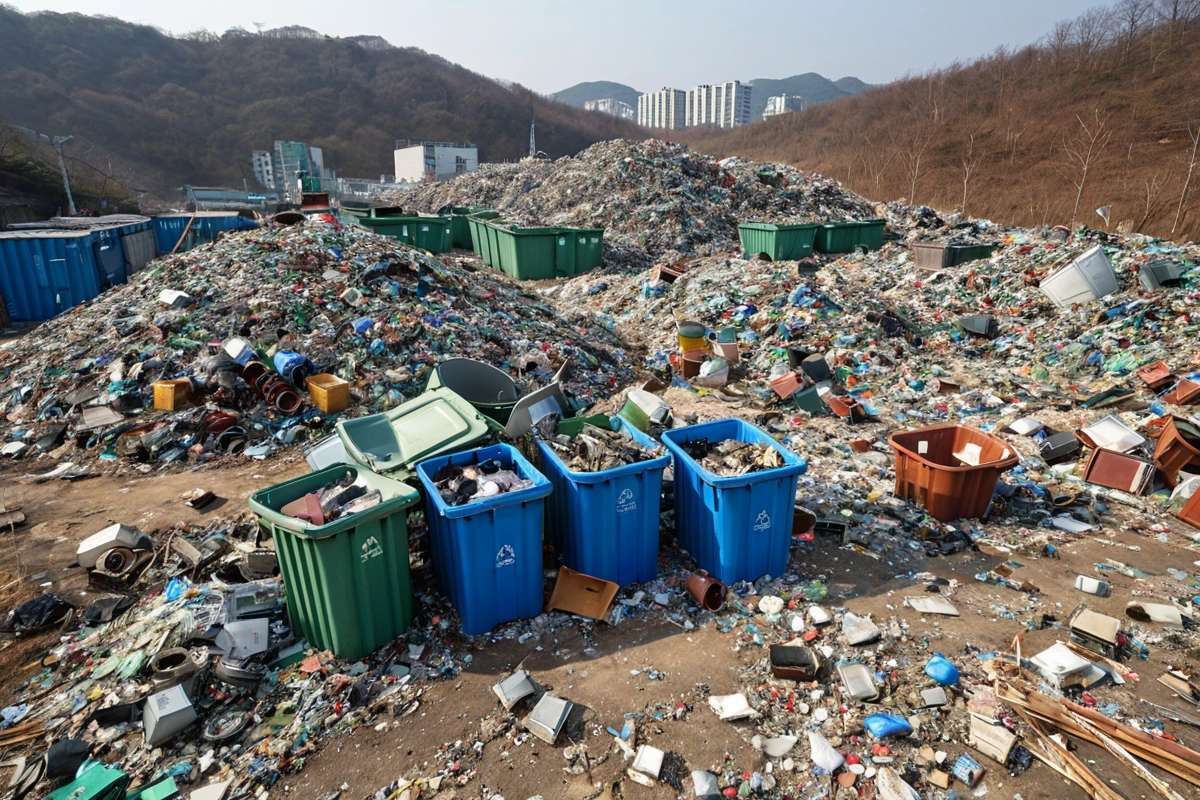 대구광역시 남산동의 철거 현장에서 재활용 처리를 위한 분리된 폐기물 쓰레기통과 소각 처리를 위한 별도의 매립 장소가 구분되어 있는 모습. 철거된 건물의 잔해와 재활용 가능한 금속