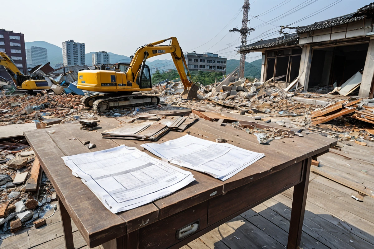 대구광역시 남산동의 철거 현장에서, 철거 업체가 제공한 견적서가 테이블 위에 놓여있고, 견적서에 표시된 서비스 범위와 추가 비용 항목이 명확히 보이는 실물 사진. 철거 장비와 구조