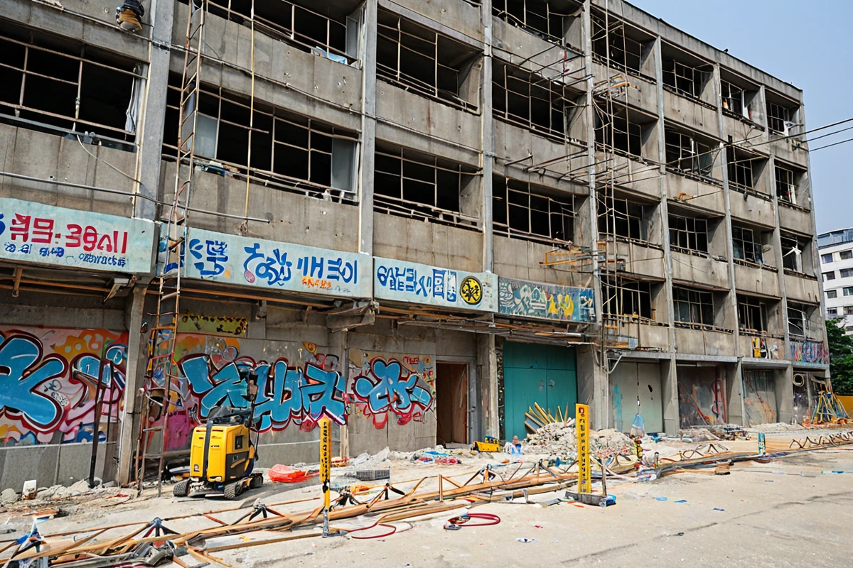 대구광역시 남산동의 혼합 주거 상업 건물 현장. 건물 외벽에 낙서와 오래된 간판이 남아 있으며, 철거 준비를 위해 철거용 비계가 설치된 상태. 건물 구조를 확인하기 위한 측정 도구