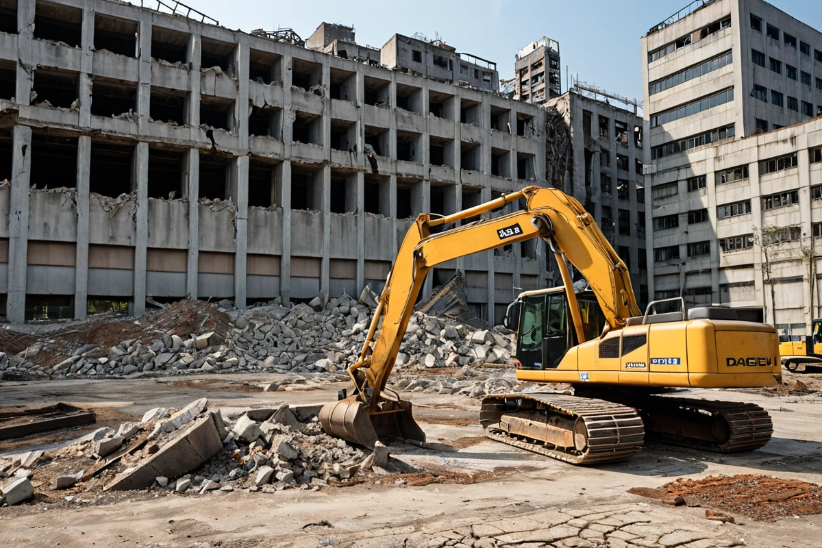 대구광역시 남산동 지역의 공장 철거 현장에서 철거 업체 직원이 건물 구조와 주변 환경을 확인하는 모습. 건물 외벽에 손상 흔적이 보이고, 주변 건물과의 거리가 눈에 띄는 현장의 상