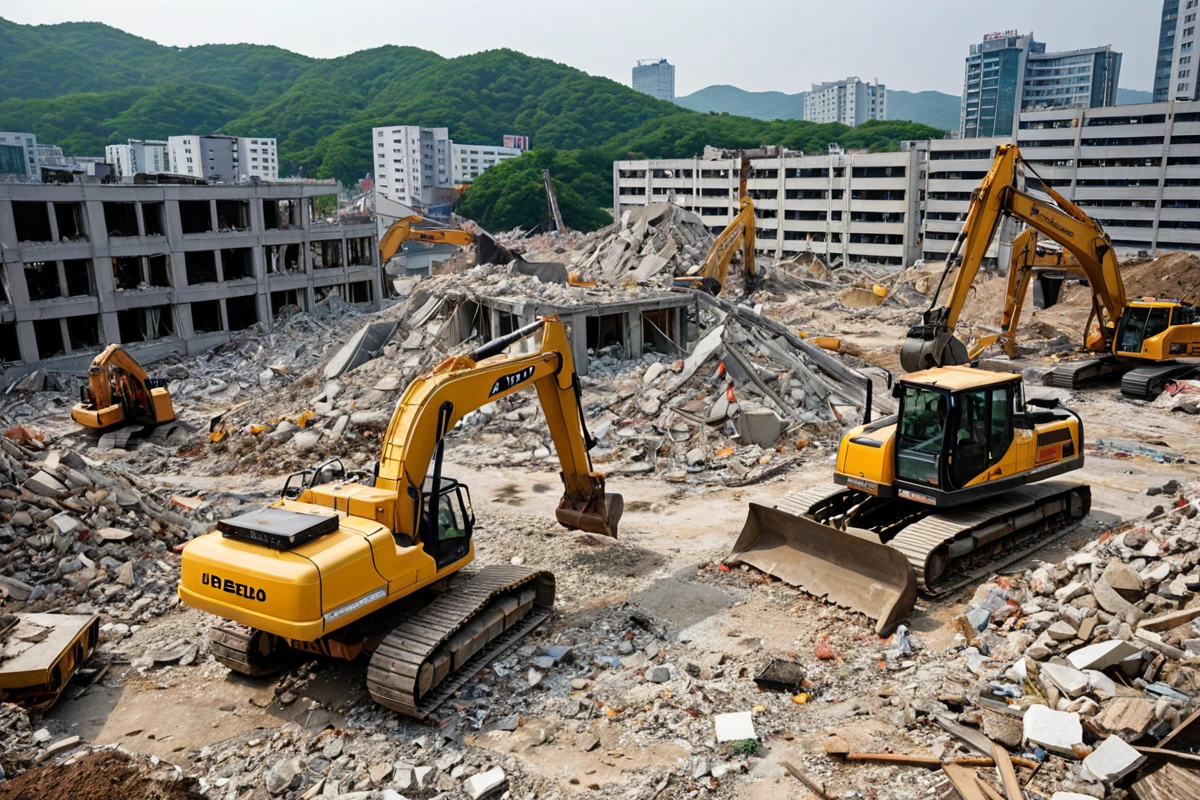 대구광역시 내당동 상가 철거 현장의 법적 규제 관련 안내문이 붙은 철거 장비. 철거 작업 중인 장비와 함께 철거 절차에 대한 정확한 규제 정보가 표시된 현장.