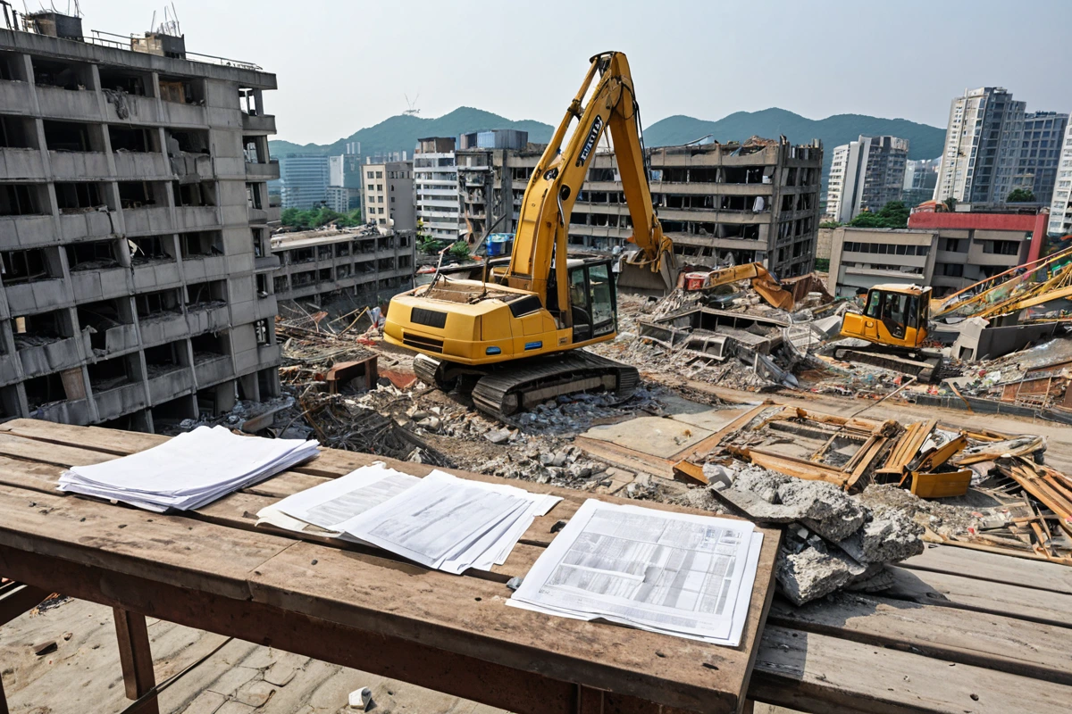 대구광역시 내 복잡한 구조의 주택 철거 현장, 건물의 일부가 철거된 후 남은 구조물과 철거 장비가 정리된 모습. 건물 상태를 정확히 파악하기 위해 철거 전 점검을 위한 문서가 테이