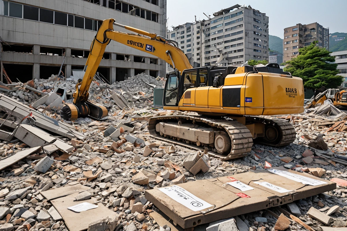 대구광역시 내 철거 작업 중 건물 구조물에 안전 점검 표시가 부착된 모습, 철거 장비가 철거 전 구조물 주변에 정리되어 있는 현장