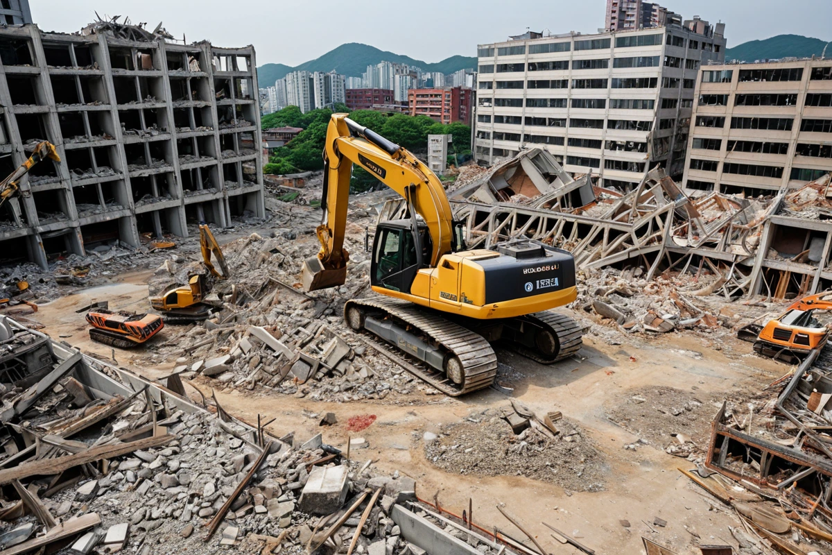 대구광역시 내 학원 철거 현장에서 철거 작업 중인 중장비가 철거 면적을 정확히 측정하는 모습. 철거 구조물의 복잡한 형태와 철거 작업비 산정을 반영한 현장 분위기.
