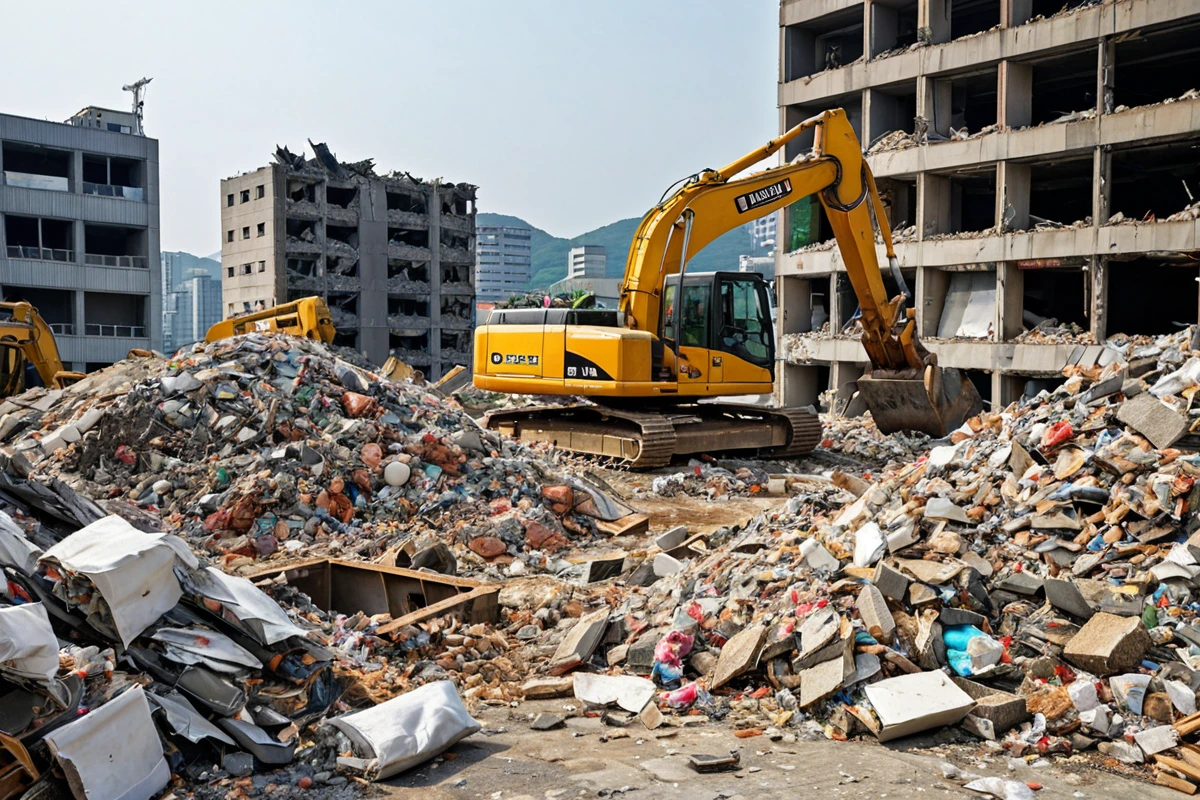 대구광역시 내 한 건물의 철거 현장에서, 철거 중인 벽면과 철거 재료가 쌓여 있는 모습. 철거 작업 중인 장비가 배경에 보이고, 철거 재료의 재활용 가능성을 고려한 분류된 쓰레기