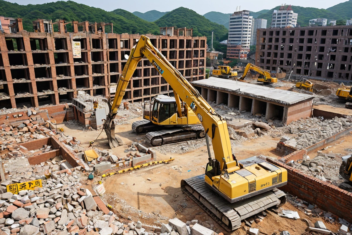 대구남구대명동의 철거 현장에서 안전 점검을 위해 철거 전 건물의 구조를 확인하는 장면. 건물의 기둥과 벽면에 안전 점검 표시가 되어 있으며, 철거 장비가 준비된 철거 현장의 전경.