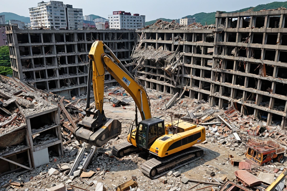 대구남구대명동 지역의 건물 철거 현장에서 철거 장비가 정확히 위치한 모습. 철거 중인 건물의 구조물과 철거 장비가 조화롭게 배치된 자연스러운 현장 분위기. 철거 작업 중인 건물의