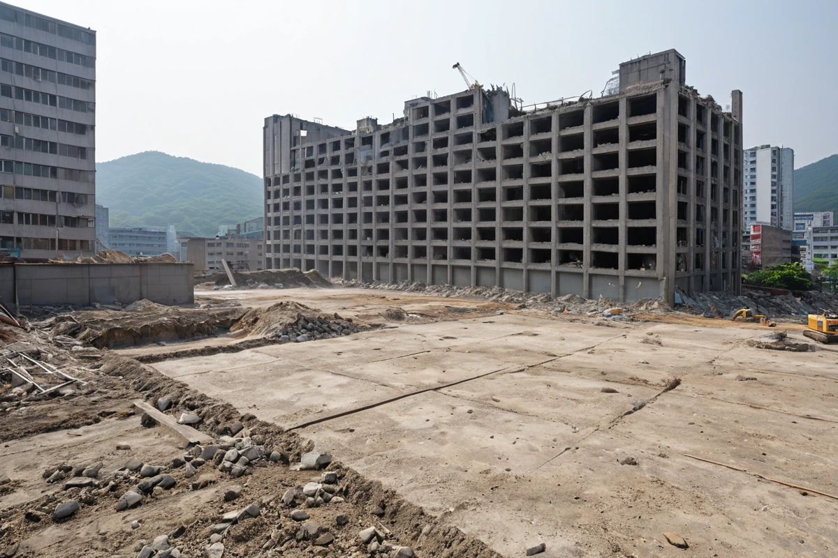 대구남구대명동 지역의 대형 상가 철거 후 정리된 공간. 철거된 건물의 잔해가 철저히 정리된 상태로, 철거 작업의 철저함이 드러나는 모습. 철거 후 남은 공간이 깔끔하게 정리된 현장