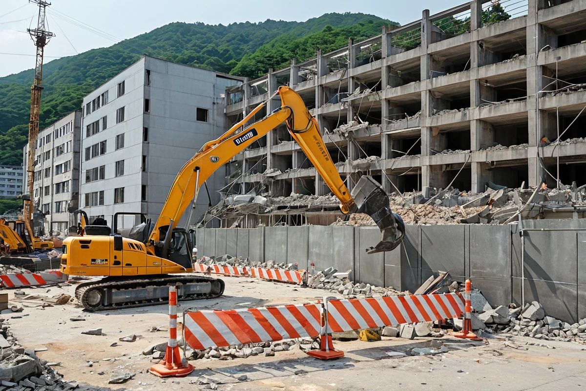 대구남구봉덕동의 건물 철거 현장에서 안전 울타리와 안전 장비가 철저히 준비된 모습. 철거 중인 건물의 구조물이 안전하게 분해되고 있는 장면.