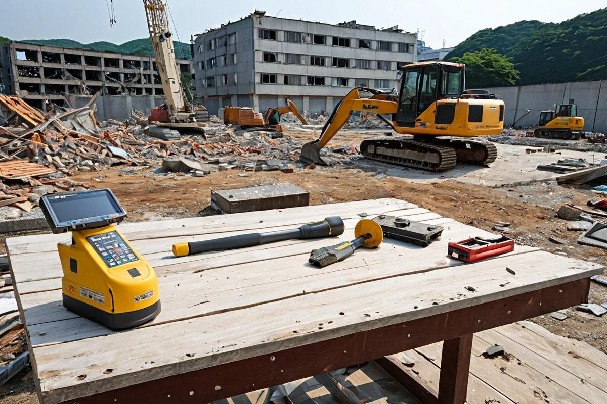 대구남구봉덕동 철거 현장에서 철저한 현장 조사가 이루어지고 있는 모습. 현장 조사 도구와 철거 계획서가 테이블 위에 놓여 있는 자연스러운 장면.