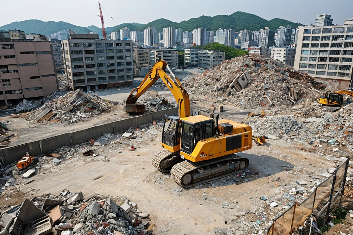 대구남구이천동 도심 지역의 철거 작업 현장. 철거 업체가 현장 조사 중인 모습을 보여주는 장비와 문서가 없는 철거 현장. 안전 점검을 위한 장비가 철저히 준비된 철거 작업 공간. 