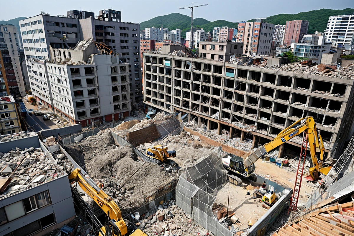 대구남구이천동 지역의 5층 주상복합 건물 철거 현장. 주변에 주거지와 상가가 위치한 도심 환경에서 안전 울타리가 설치된 철거 작업 현장. 건물 외벽에 철거 작업 중인 장비가 보이며