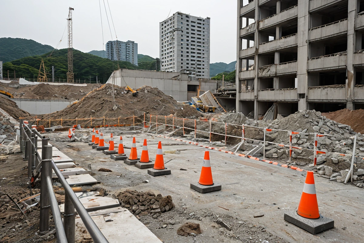 대구남구 철거 현장에서 안전 장비와 환경 보호를 위한 차단막이 설치된 장면, 철거 중인 건물 주변에 안전 경계선이 잘 표시된 자연스러운 사진