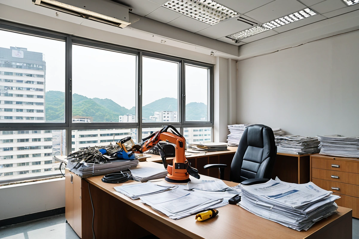 대구남산동 사무실 철거 전문업체의 자격증과 보험 서류가 정리된 책상 위의 모습. 철거 작업을 위한 장비들이 철저히 준비되어 있으며, 철거 전 검토 과정을 상징하는 간결한 문서들이 