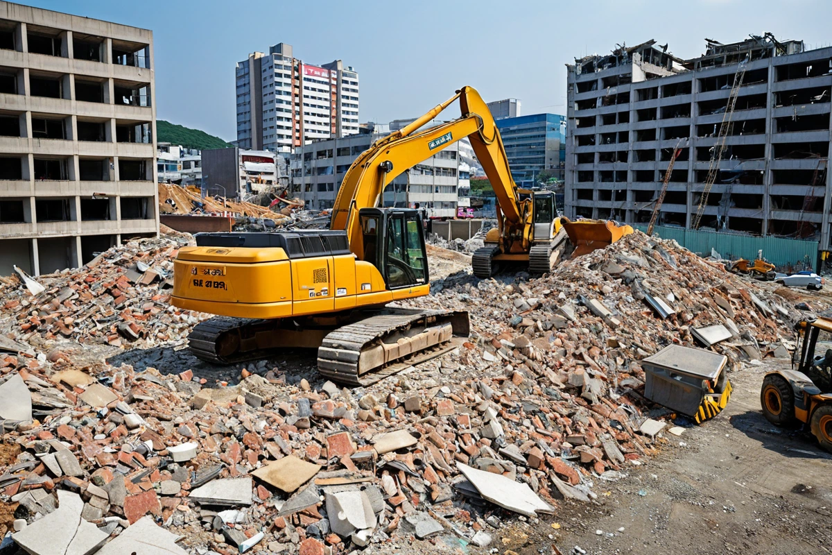 대구 남산동 상가 철거 현장에서 철거 작업 중인 장비가 구조물을 정확히 분리하는 모습. 철거된 재료가 깔끔하게 분리되어 배치된 상태. 건물 외부의 구조물이 철거 중인 현장의 안전한
