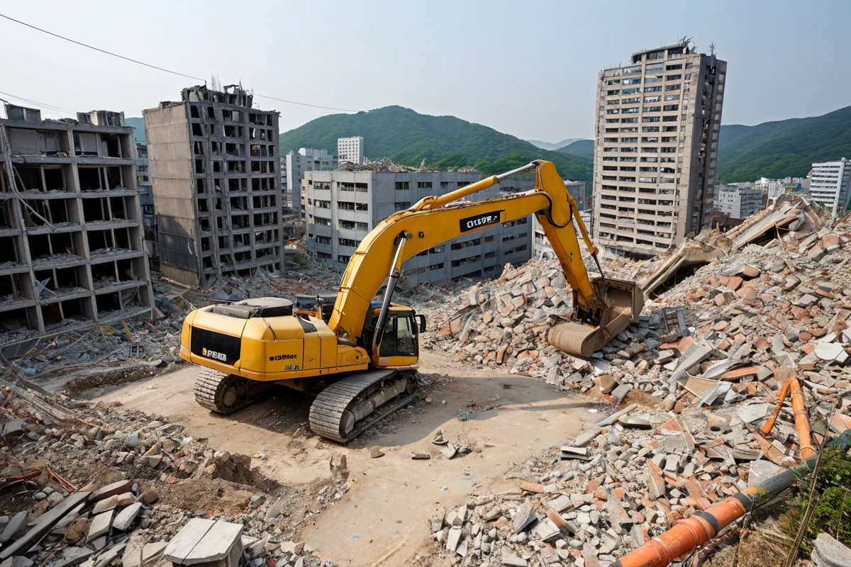 대구 남산동의 구조물 철거 현장에서 철거 장비가 철거 중인 모습. 구조물의 크기와 재료에 따라 다양한 철거 방법이 적용되고 있는 상황을 자연스럽게 보여줍니다. 폐기물 처리를 위한 