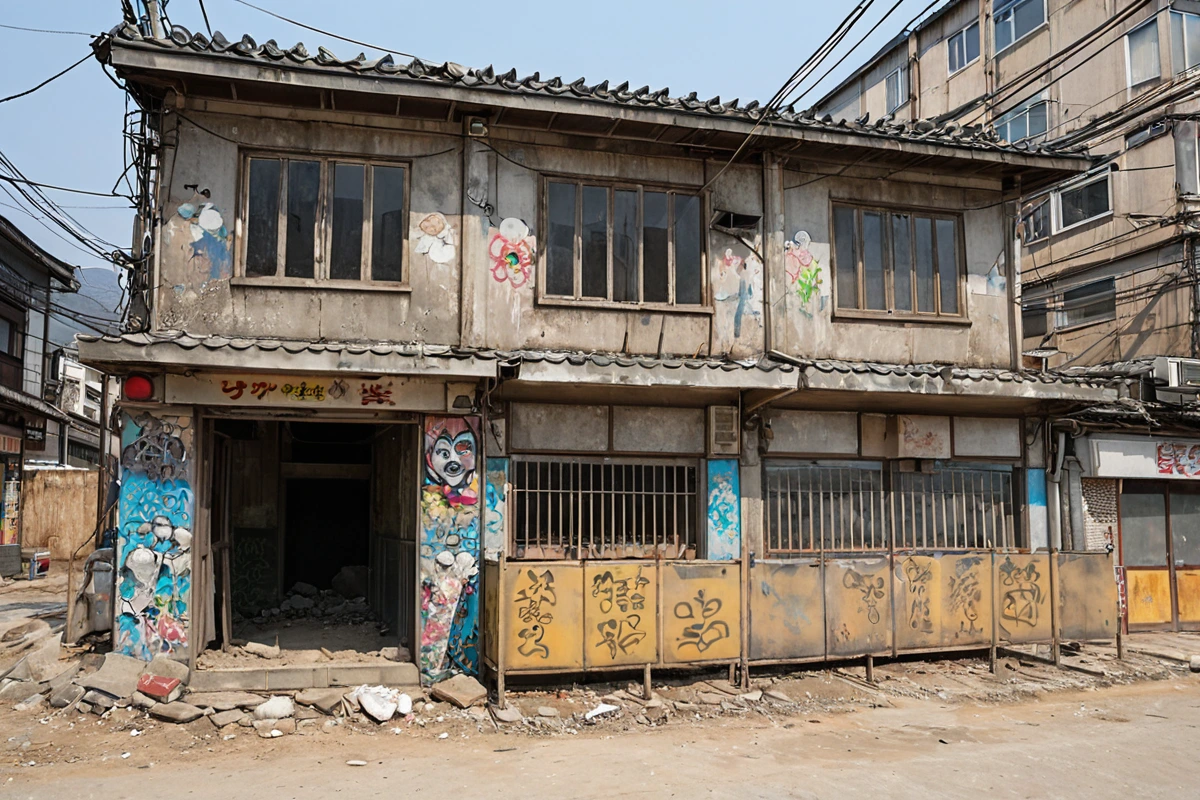 대구 남산동의 노후화된 식당 건물 외관, 낙서가 묻은 벽과 흙먼지가 가득한 주변 공간, 철거 작업을 위해 준비된 안전 울타리와 철거 장비가 배치된 모습