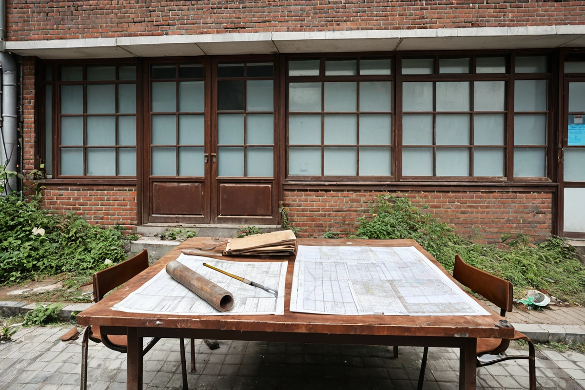 대구 남산동 지역의 철거 업체 사무실 외관, 건물의 간판 없이 철거 관련 문서와 계획서가 놓인 테이블, 현장 조사용 측정 도구와 지도가 정리된 테이블 위의 장면