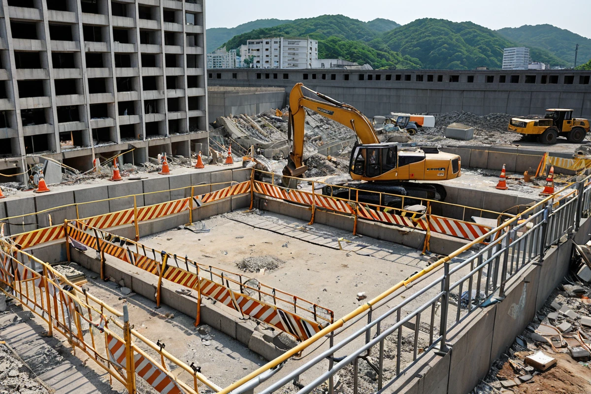 대구 남산동 지역의 텍스 철거 현장에서 안전 장비가 철저히 배치된 공간. 구조물 붕괴 위험을 최소화하기 위한 철저한 안전 점검 장면.