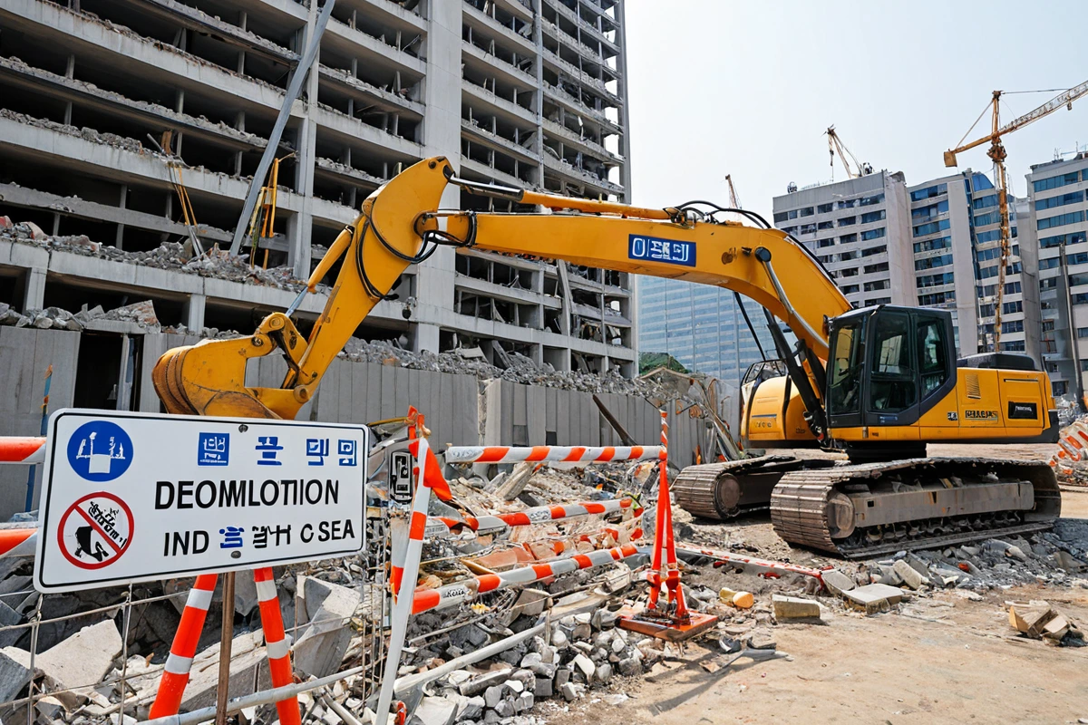 대구 남산동 철거 현장에서 안전 바리케이트와 안전 안내 표지가 설치된 공간, 철거 중인 건물의 구조물이 안전하게 고정된 상태로 철거 장비가 작동 중인 모습