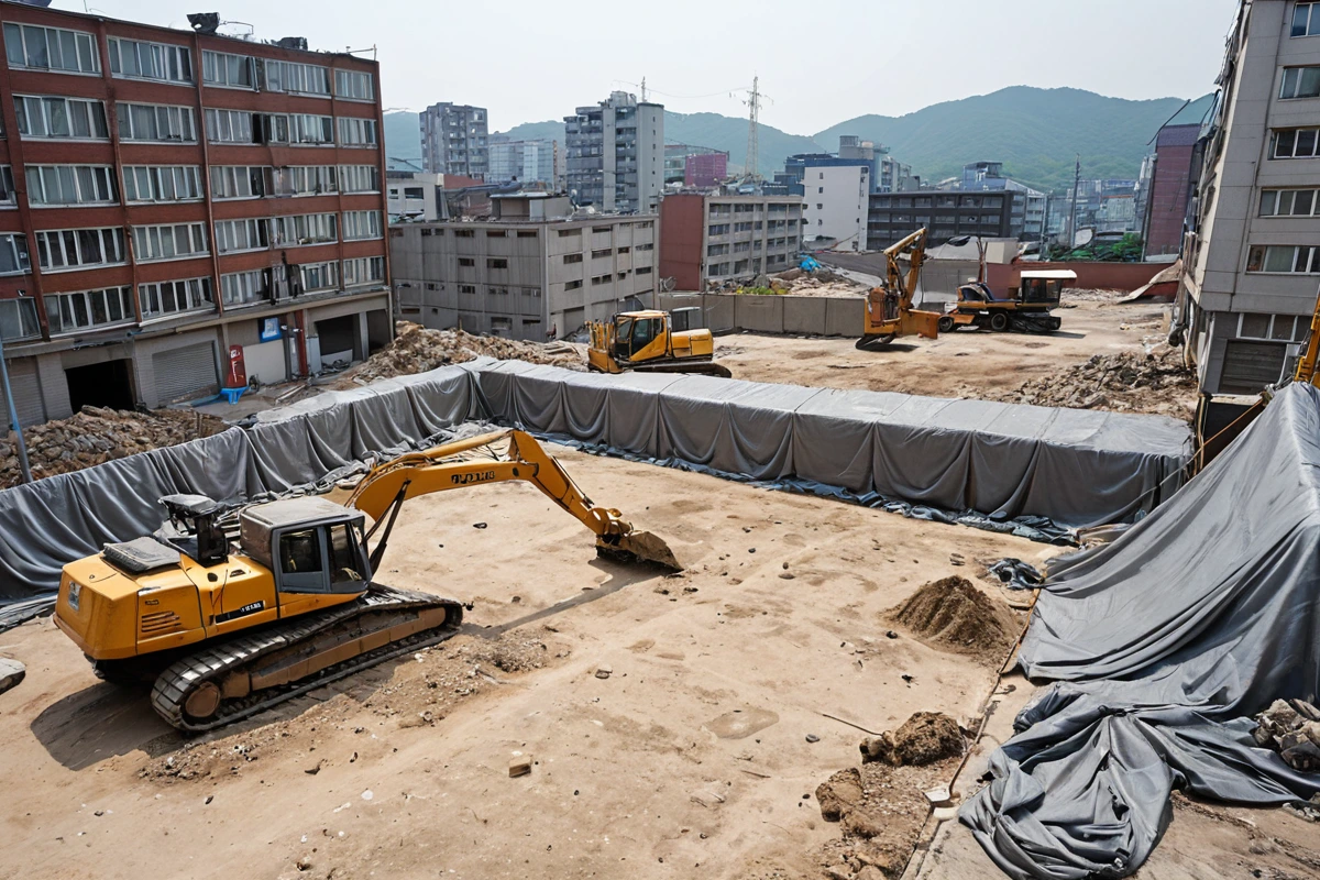 대구 남산동 피시방 철거 현장에서 철거 장비가 철저히 덮여 있는 모습. 먼지와 소음을 방지하기 위해 특수한 덮개가 설치된 철거 현장 주변에 주민들이 편안하게 산책하는 모습이 보이지