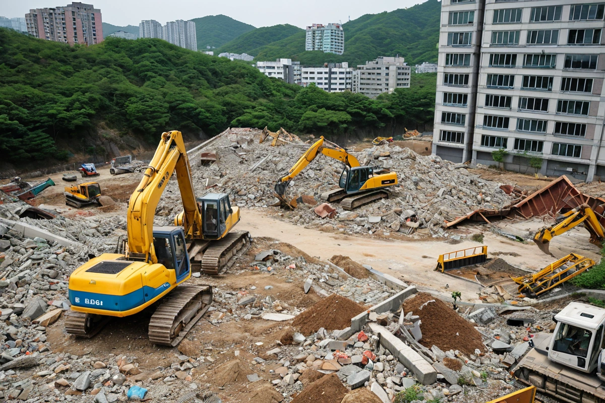 대구달서구갈산동의 100평 규모 건물 철거 현장, 철거 중인 건물의 구조와 주변 토지 상태를 보여주는 자연스러운 풍경, 건물의 잔해와 철거 장비가 정리된 모습
