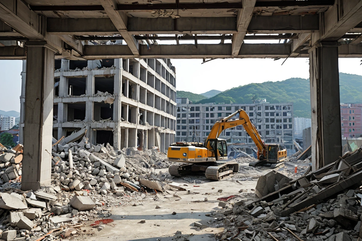 대구달서구갈산동의 구조물 철거 현장에서 철거 중인 건물의 구조와 재질을 보여주는 사진. 건물의 크기와 재질이 드러나는 구조물이 철거 중인 모습으로, 폐기물 처리 장비가 배경에 보입