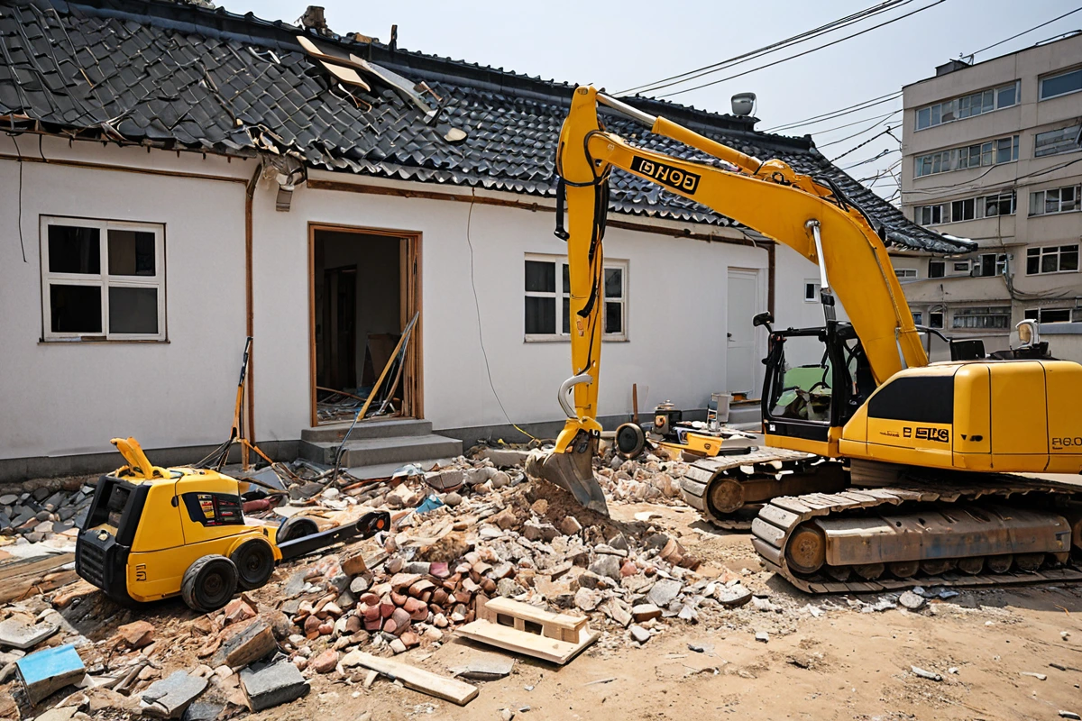 대구달서구감삼동의 중소형 주택 철거 현장에서, 철거 업체의 전문가가 현장 조사를 위해 측정 도구를 사용하는 모습. 건물 외벽에 철거 전 기록이 적힌 표지판이 보이며, 철거 준비 중
