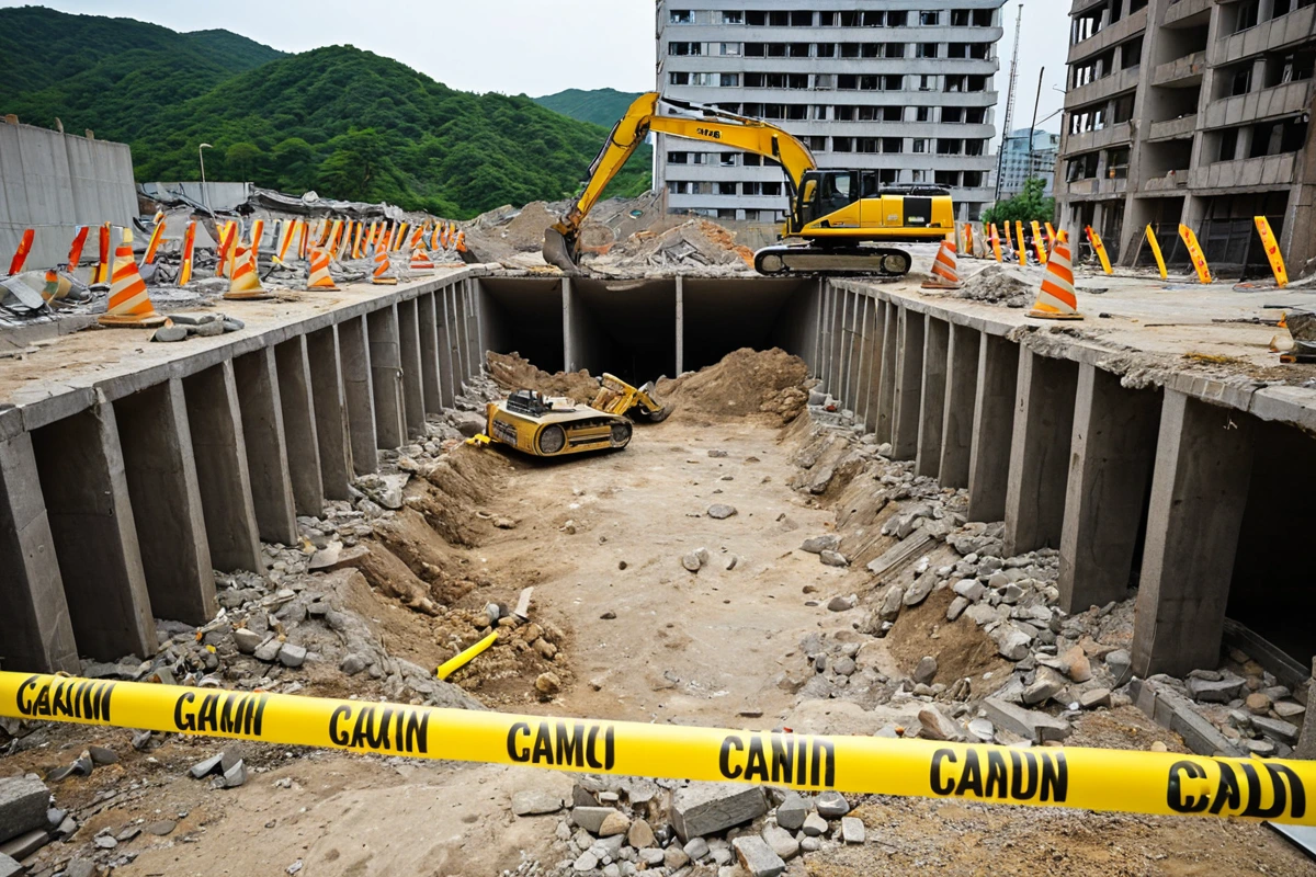 대구달서구감삼동의 한 주택 철거 현장에서 지하 배관이 노출된 모습. 철거 중인 건물의 기초 부분에 금속 배관이 드러나고, 주변에 철거 작업을 위한 안전 경계선과 장비가 배치되어 있