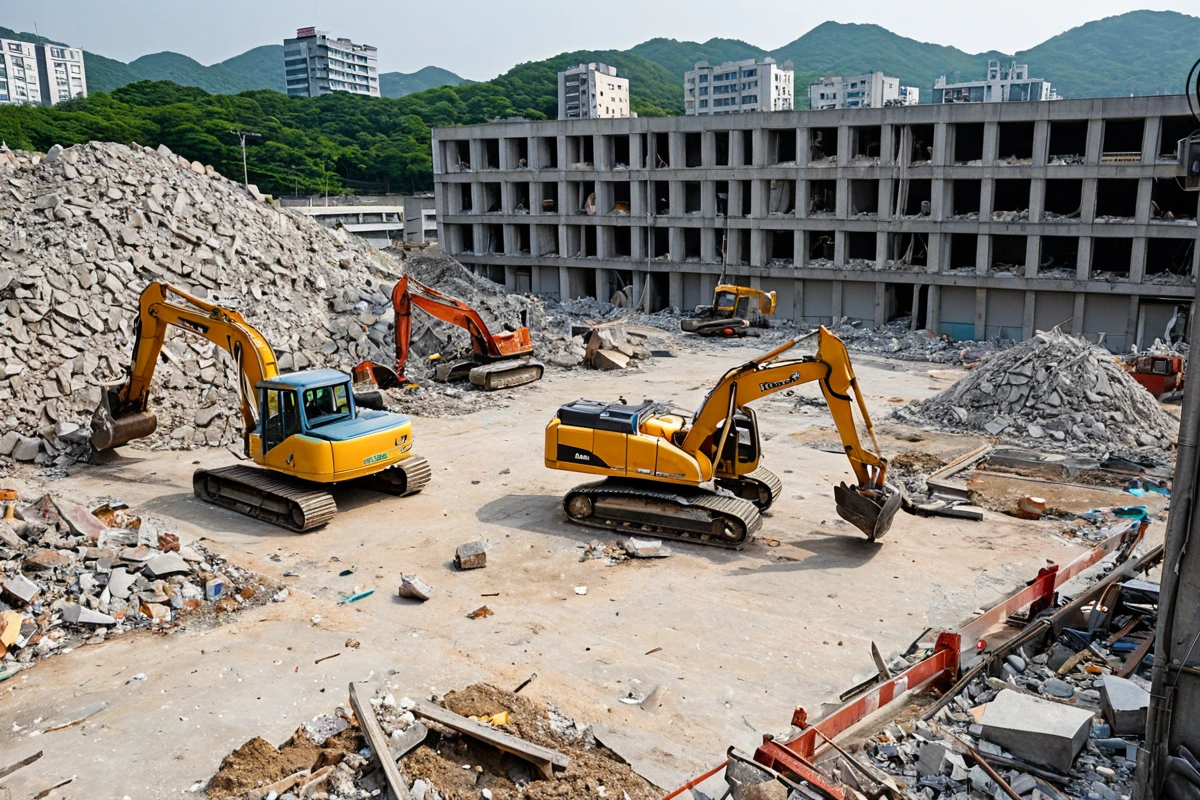 대구달서구본리동의 철거 현장에서 건물의 구조와 폐기물 처리 과정이 드러난 사진. 철거된 건물의 잔해와 분리된 재료들이 정리된 모습, 철거 장비가 철저하게 청소된 상태로 배치되어 있