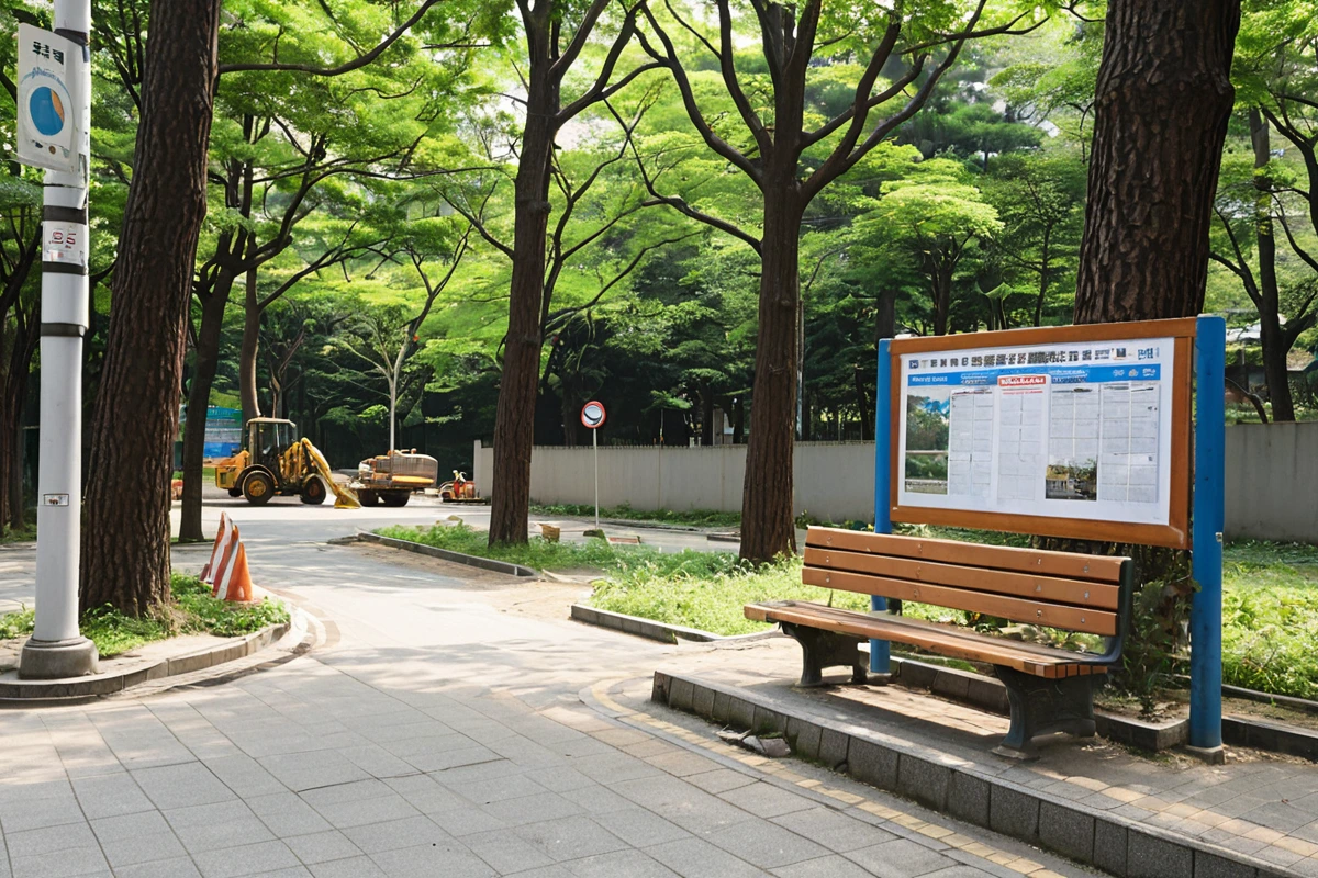 대구달서구본리동 주거 지역의 철거 작업 전, 주민 소통을 위한 안내문이 부착된 공원 벤치와 주변 환경. 철거 작업 시간과 소음 관리 계획이 명확히 표시된 간결한 안내문이 벤치 위에