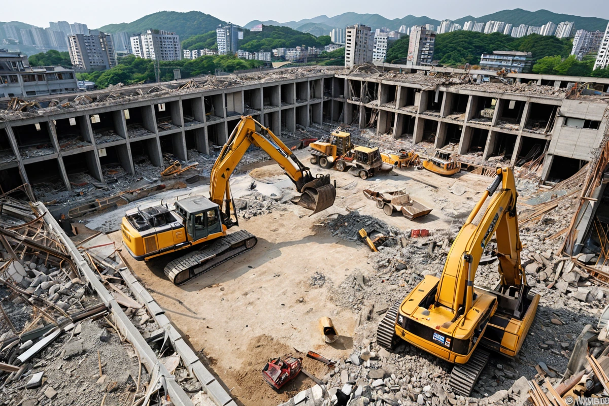 대구달서구성당동의 철거 현장에서 철골 구조 건물의 내부 구조가 드러나는 모습, 철거 장비가 준비된 채로 정리된 공사 현장