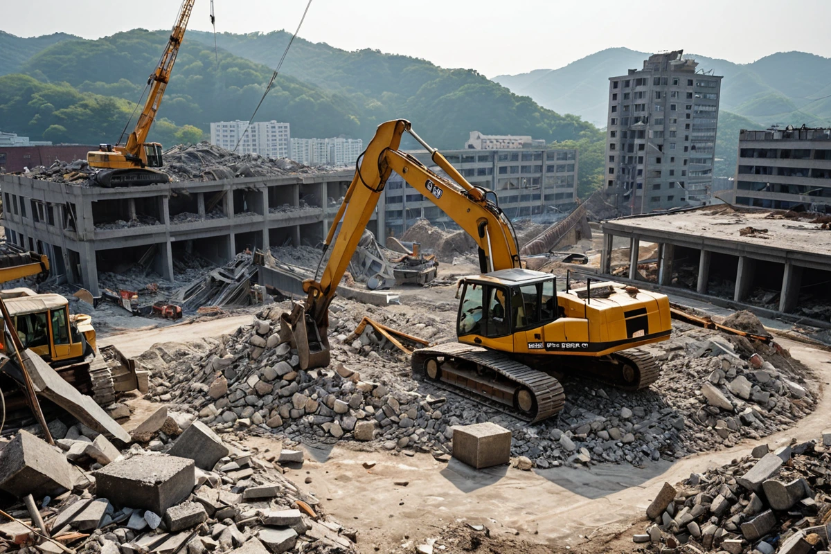 대구달서구용산동의 건물 철거 현장에서 철거 작업 중인 장비가 철거된 재료를 정리하고 있는 모습. 철거된 건물의 잔해와 철재가 정리된 공간이 보인다.