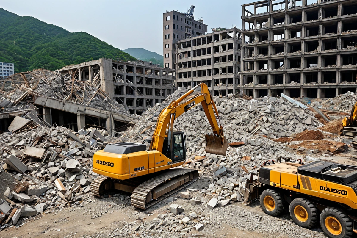 대구달서구용산동의 건물 철거 현장에서, 철거 중인 건물의 구조와 폐기물이 정리된 모습. 건물의 구조와 폐기물 종류를 확인할 수 있는 자연스러운 현장 분위기.