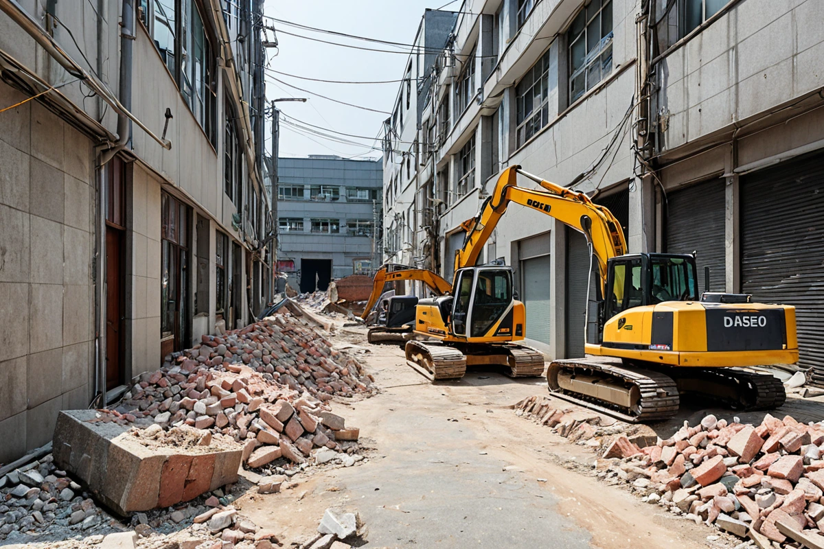 대구달서구의 상가 밀집 지역에서 철거 작업 중인 현장. 주변 건물과의 거리가 좁은 상황에서 안전 울타리가 설치된 모습. 철거 장비가 주변 시설물과의 간격을 유지하며 작업 중인 장면