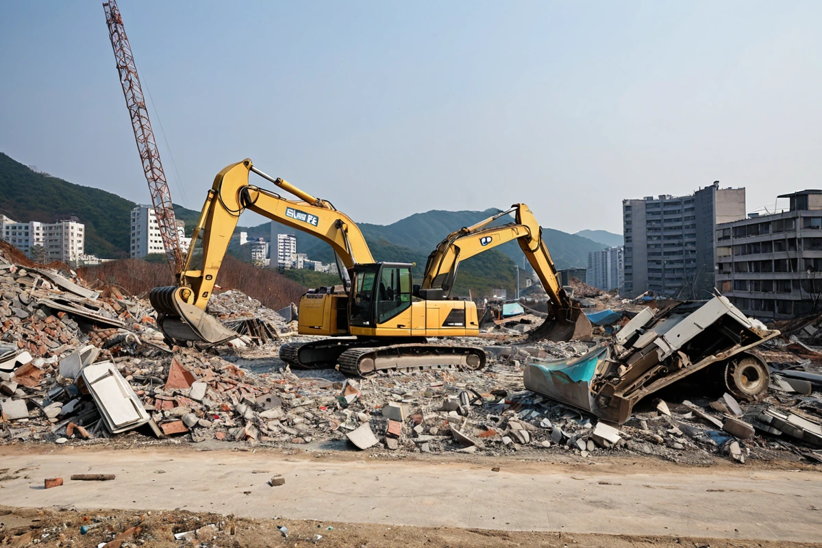 대구달서구의 상가 철거 현장에서, 200평 규모의 건물 잔해가 정리된 공간과 철거 장비가 배치된 모습. 건물 잔해 위로 철거 작업 중인 장비의 실루엣이 보이며, 철거 후 정리된 공