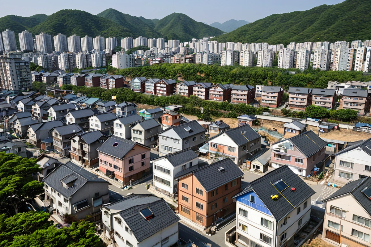 대구달서구의 주택가에서 철거 업체 직원이 레이저 측정기로 건물의 크기와 구조를 정확히 측정하는 장면. 건물 외벽과 측정 도구가 선명하게 보이며, 주변에 주택들이 밀집해 있는 모습.